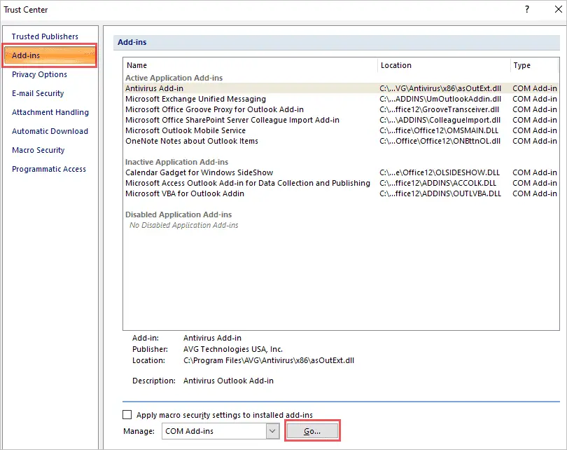 Click on Go to manage add ins to fix cannot start microsoft outlook error