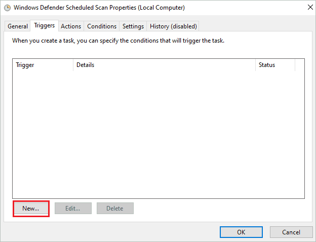 Click on New to fix antimalware service executable high memory usage