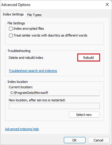 Click on Rebuild to fix Windows 11 search not working issue