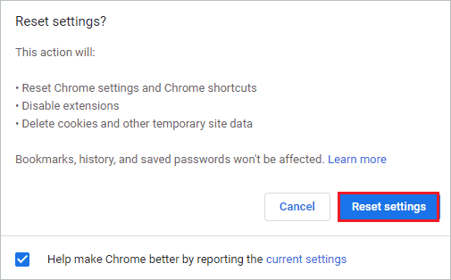 Reset settings of Google Chrome to fix Chrome keeps pausing sync