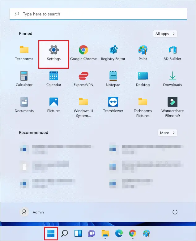 Open Settings app via Start menu