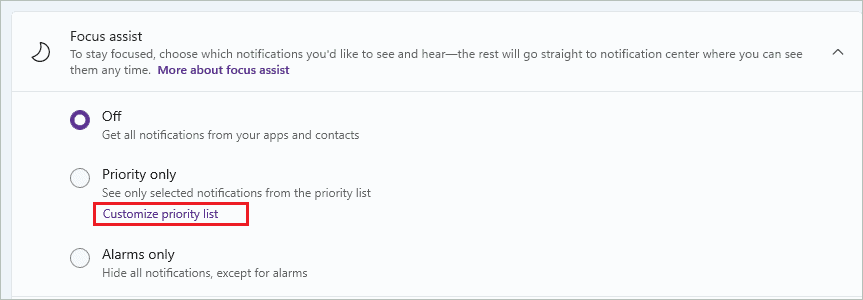 In focus assist in Windows 11, Click on Customize priority list