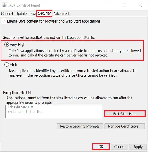 Configure java security settings if application blocked by java security