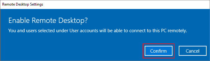 Confirm enabling remote desktop