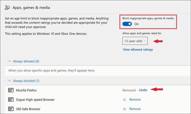 Content Restrictions on Apps Games and Media child proof windows