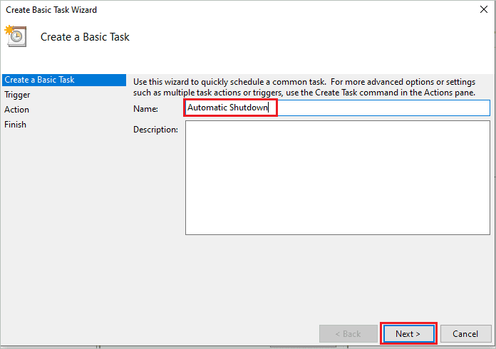 Give the name to the newly created task for auto shutdown windows 10