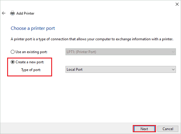 Create a new port and select Local Port