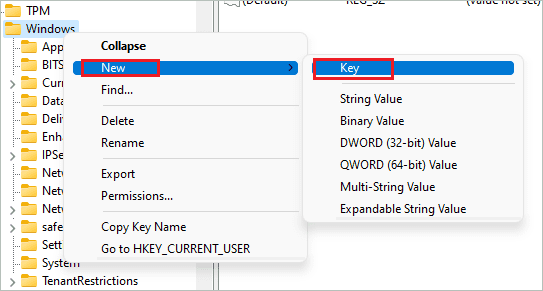 Create a new key to Stop Windows 11 Update