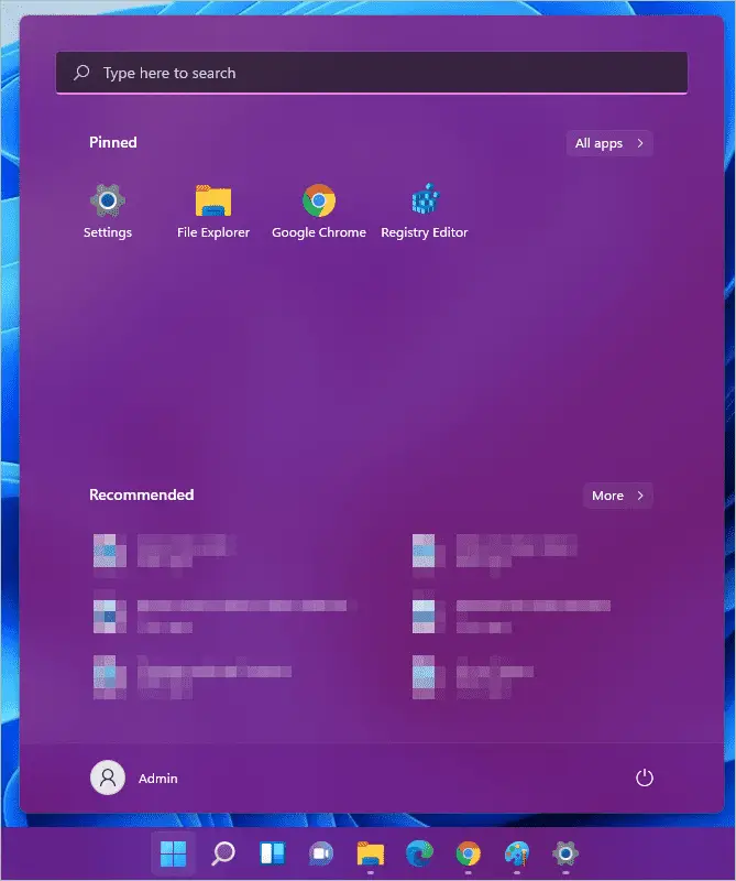Colored taskbar and Start menu to Customize Windows 11 Start Menu