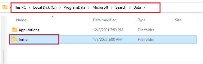Delete Temp folder to fix Windows 11 search not working issue