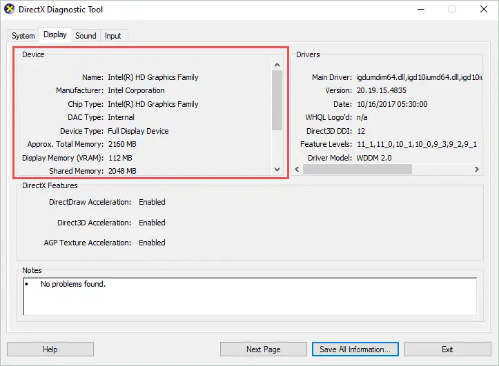 Graphics card information on DirectX Diagnostic tool