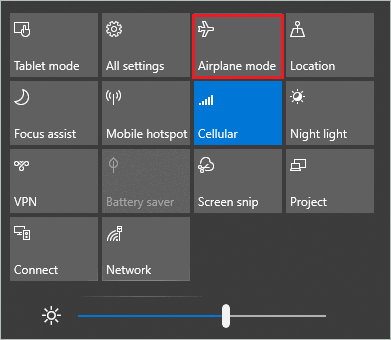 Disable Airplane mode via Action center to fix windows 10 stuck in airplane mode