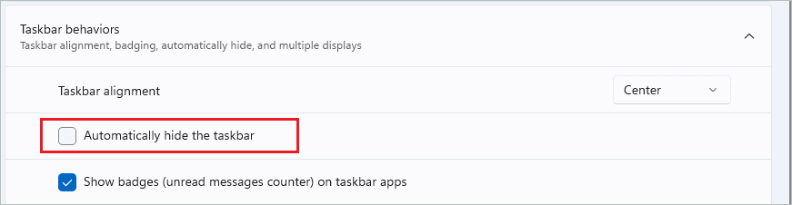 Disable Automatically hide the taskbar