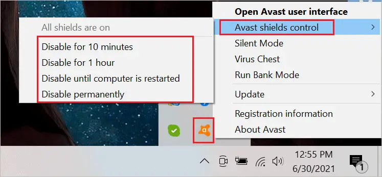 how to Turn off Avast shields control to disable antivirus
