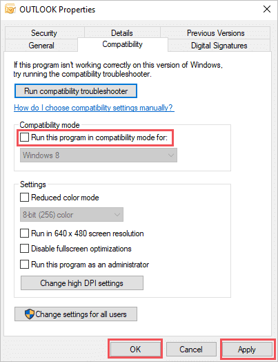 Disable Compatability mode to fix cannot start microsoft outlook error