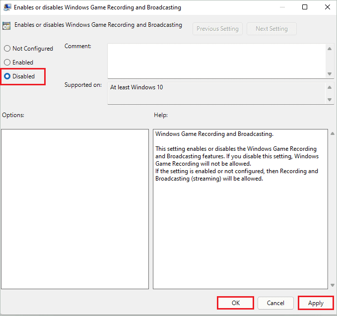 Disable Enables or disables Windows Game Recording and Broadcasting to turn off Xbox Game Bar in Windows 11