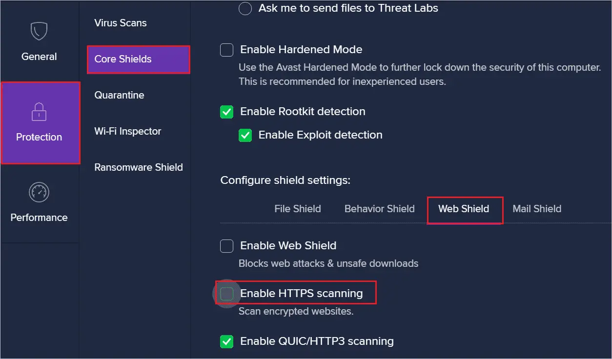 Disable HTTPS scanning in Avast