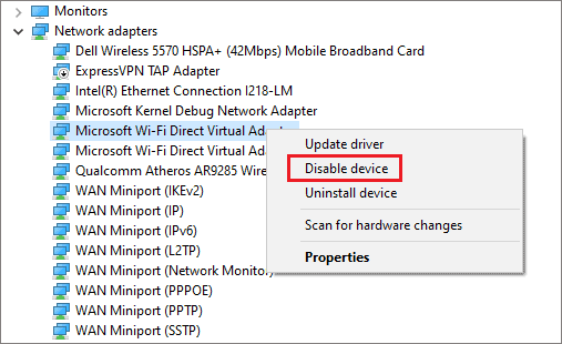 Disable Microsoft Wi-Fi Direct Virtual Adapter when wifi not showing up windows 10