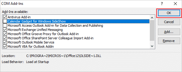 Disable add in to fix cannot start Microsoft Outlook