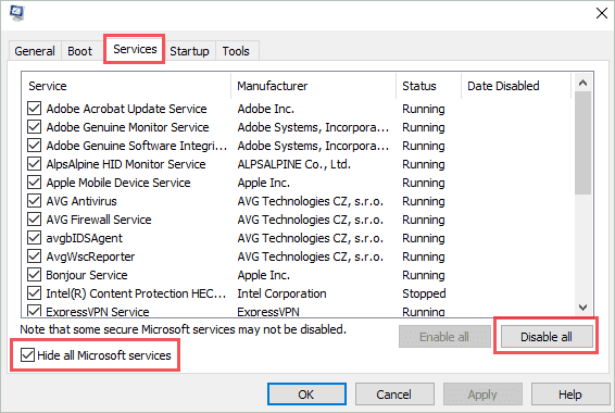 Disable all services except Microsoft
