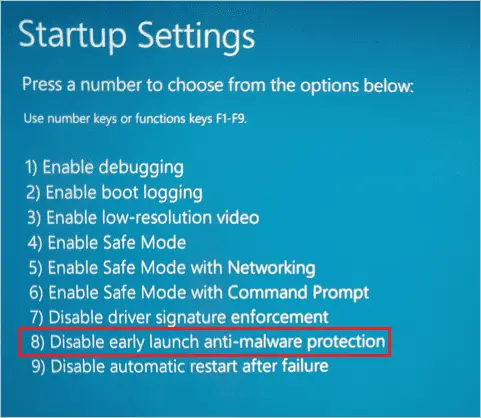 Choose Disable early launch anti-malware protection to fix Your PC did not start correctly