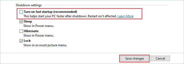 Disable fast startup in Windows 10