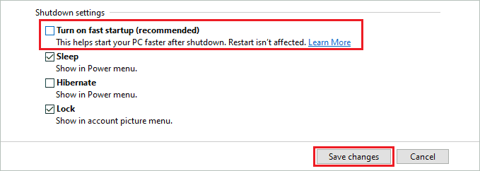 Disable fast startup