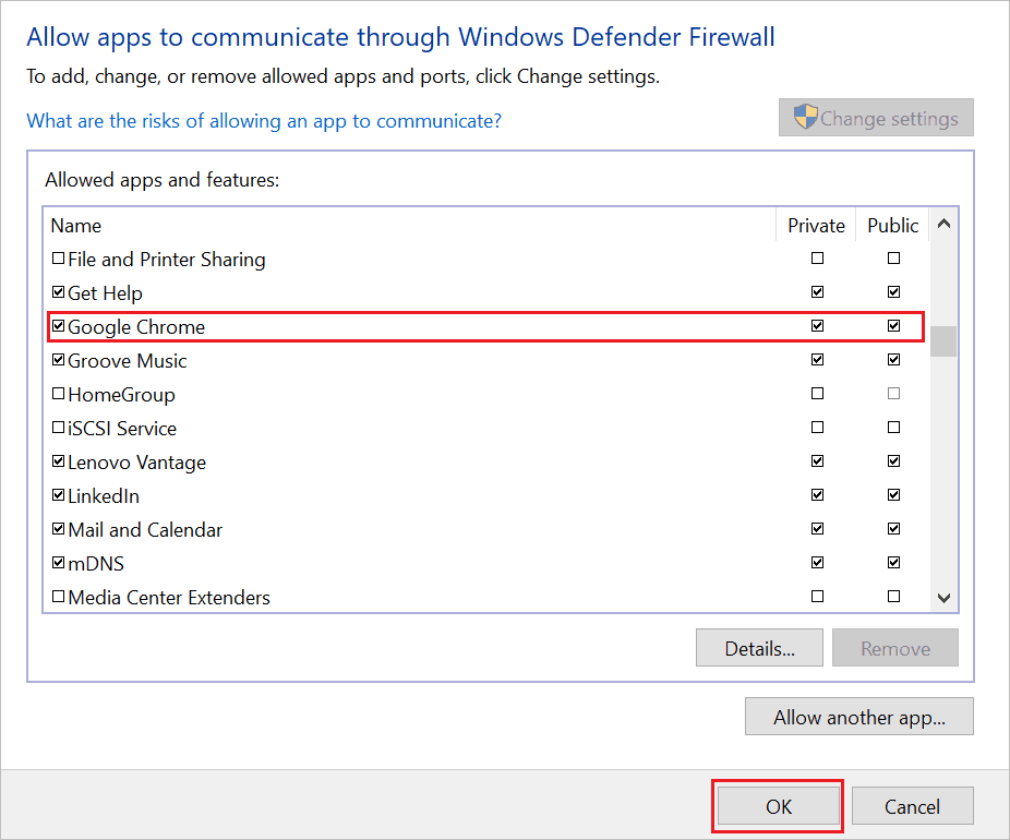 Allow Google Chrome via Firewall