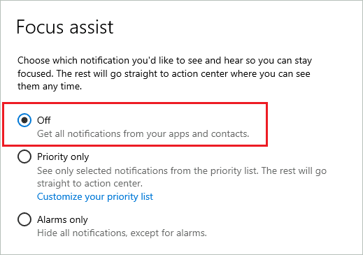 Disable Focus assist to fix discord notifications not working