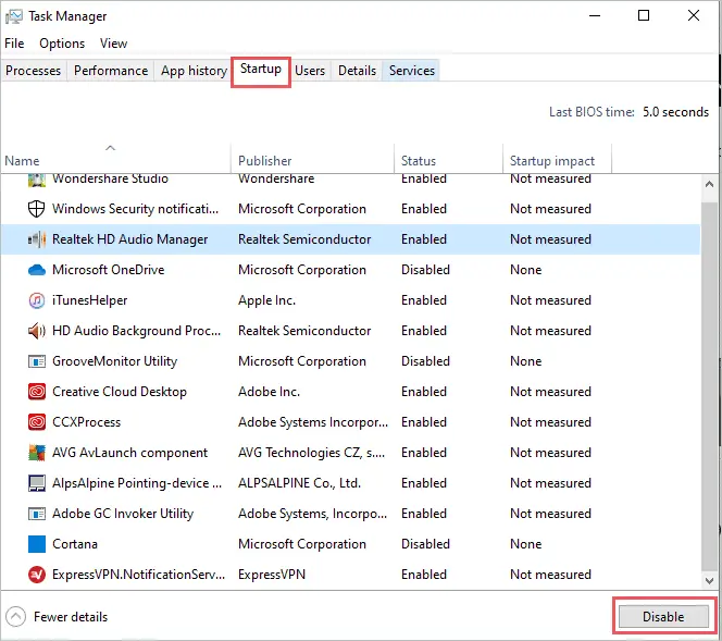 Disable startup applications from Task Manager