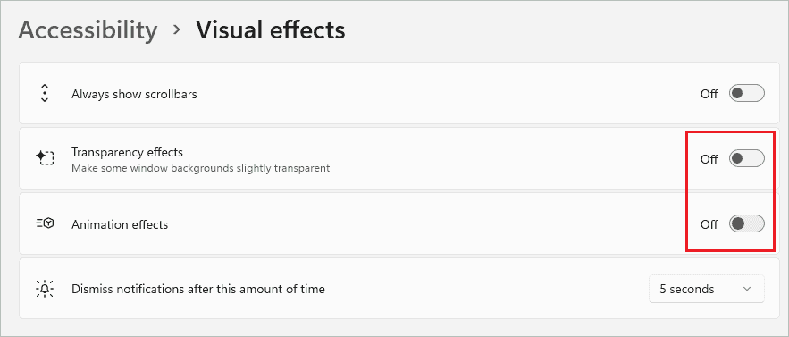 Turn off Animation effects and Transparency effects