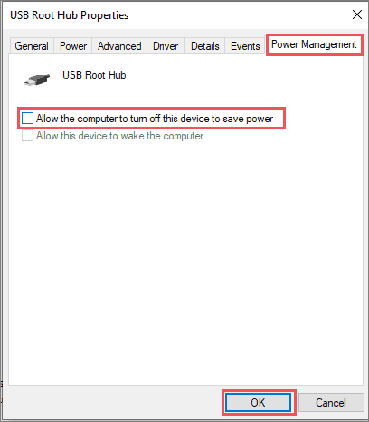 Disable turning off device to save power  to fix USB device not recognized error
