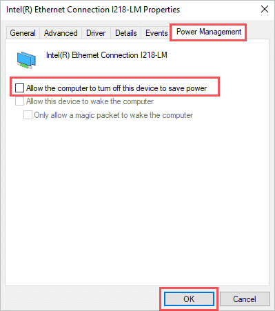 Disable turning off ethernet adapters to save power and fix ethernet not working windows 10