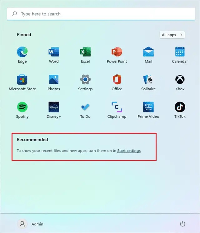 Start menu with recommended section disabled