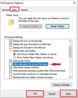 Disable Hide extensions for known file types