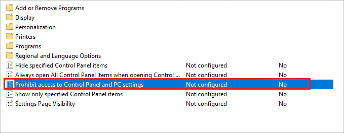 Open Prohibit access to Control Panel and PC settings