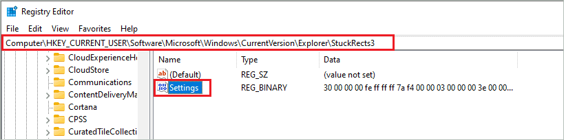 Open Settings registry value