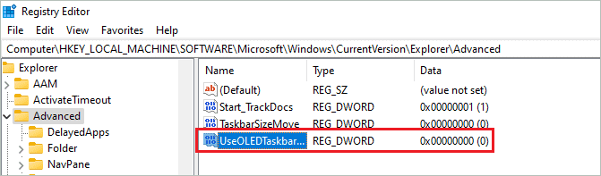 Name DWORD as UseOLEDTaskbarTransparency