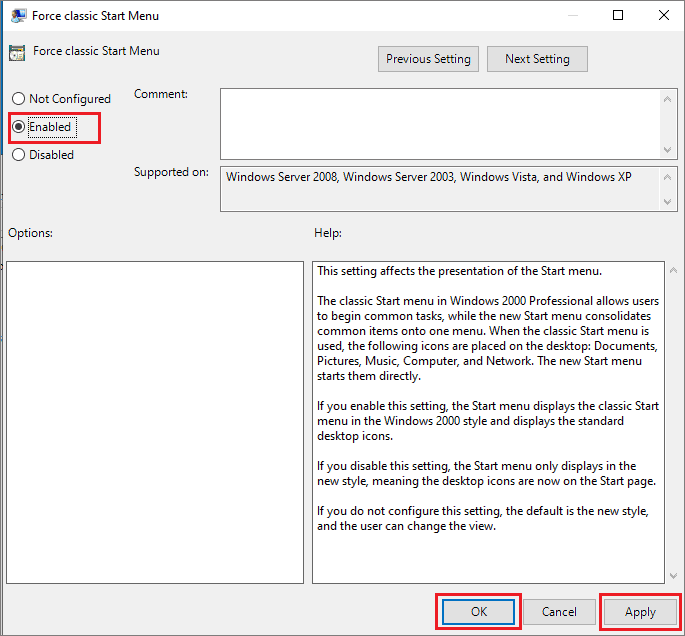 Enable Force Classic start menu