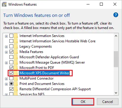 Enable Microsoft XPS Document Writer feature