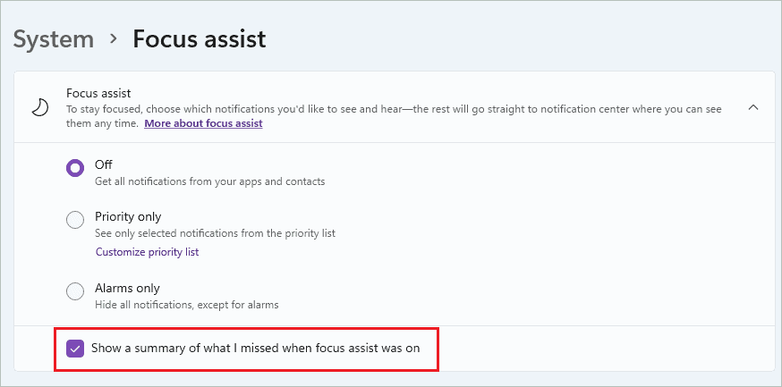 Enable summary when focus assist is enabled