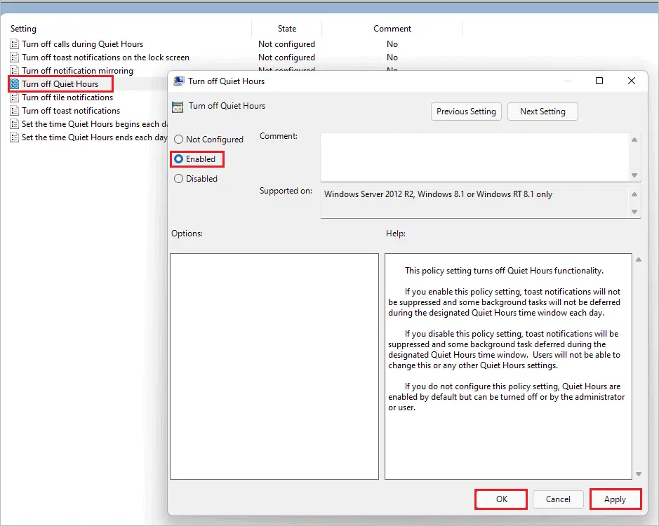 Enable Turn off Quiet Hours