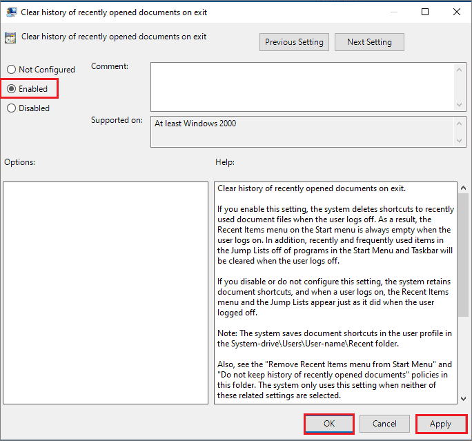 Enable Clear history of recently opened documents on exit