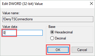 Enable fDenyTSConnections to fix windows 10 remote desktop not working