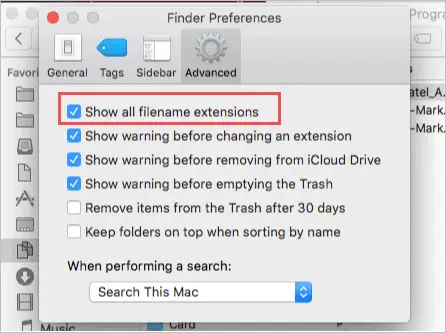 Activar la opción de mostrar todas las extensiones de archivo en Mac