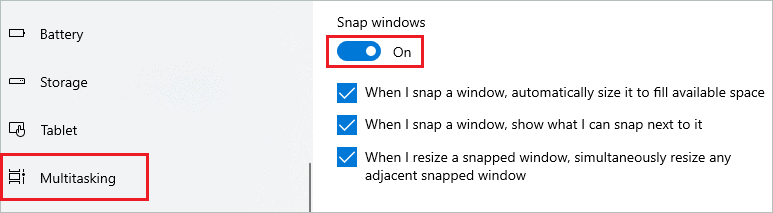 Enable Snap feature to split screen windows 10