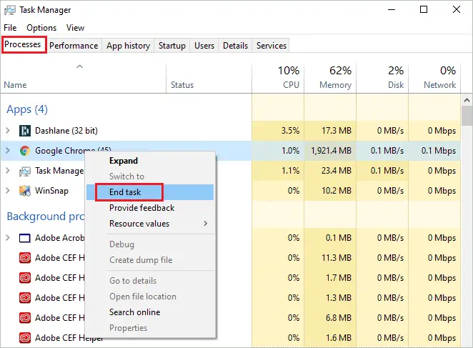 End the task using Task Manager