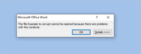 Mensagem de erro exibida em ficheiro corrompido