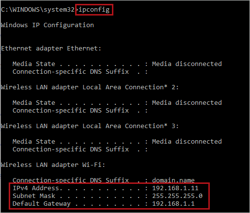 Execution of ipconfig command