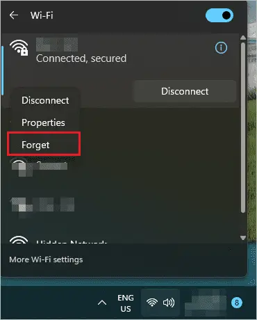 Click on Forget for how to connect to wifi on windows 11